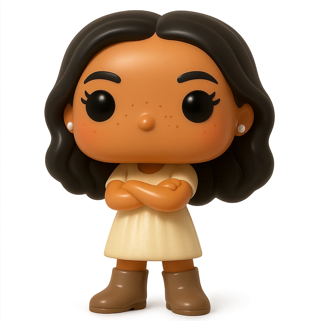 Enhance the vinyl figure in Funko Pop style with superior quality, smooth tanned skin, detailed dark hair, textured feminine cream dress, small pearly earrings, greige leather boots clearly visible, arms crossed, rosy cheeks, very discreet freckles, eyelashes, mischievous and cheerful expression, no mouth, transparent background. emoji
