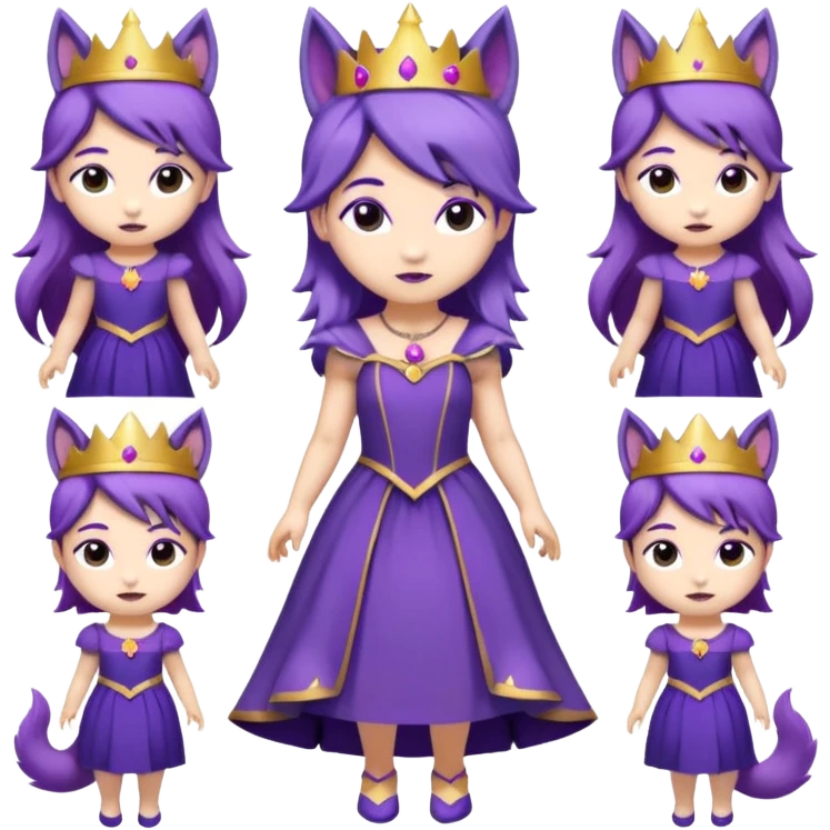 A collection of twelve chibi-style illustrations of a cute princess wearing a purple dress and crown with purple hair and purple wolf ears and purple wolf tail character. Each square shows the character doing different things against a white background And make a gap between each illusion emoji