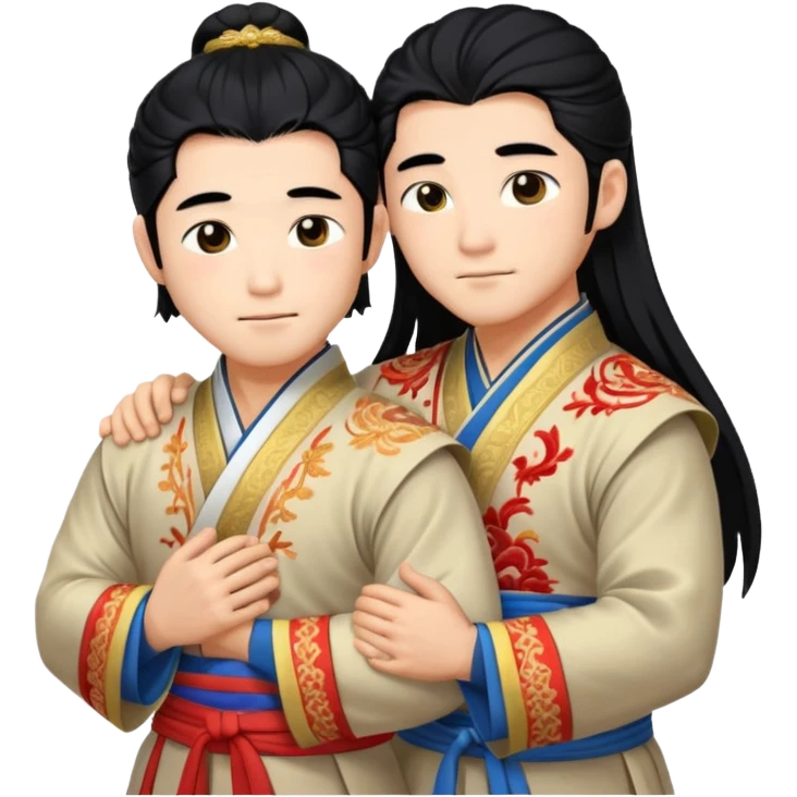 two muscled asian guys hugging in hanfu clothes, long hair emoji