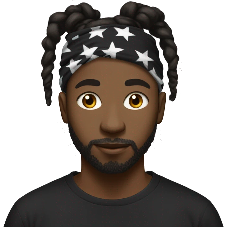 Black man with a dreadlock bun with a under cut with a white and black bandana on his head with black t shirt with no beard emoji