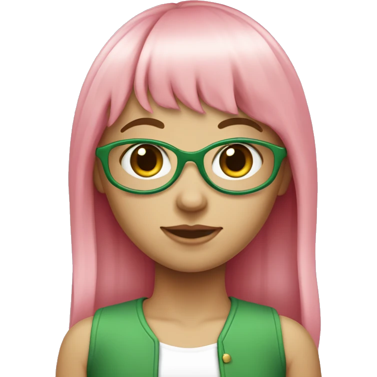 A white skin color girl who has long pink hair and bangs with green at the tips  emoji