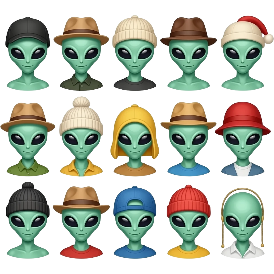 A alien wearing 15 different hats emoji