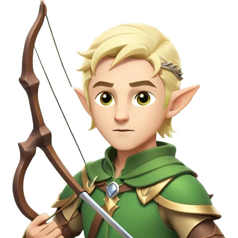 clash-of-clans-aesthetic-blond-male elf-archer-portrait-emoji, rendered in a flat, vector-style with minimal shading and bold holding his bow, simplified shapes, head tilted slightly forward with a determined, focused expression, riding a majestic stag whose antlers glow with mystical energy, set against an ancient, enchanted forest backdrop. emoji