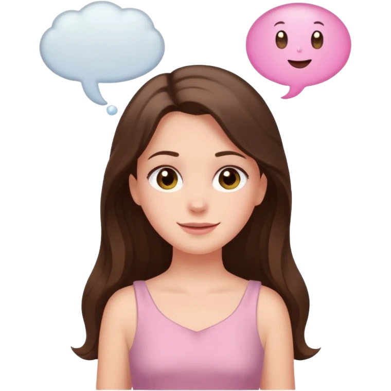 happy white long brunette hair girl with hazel eyes in light pink with a thought bubble emoji