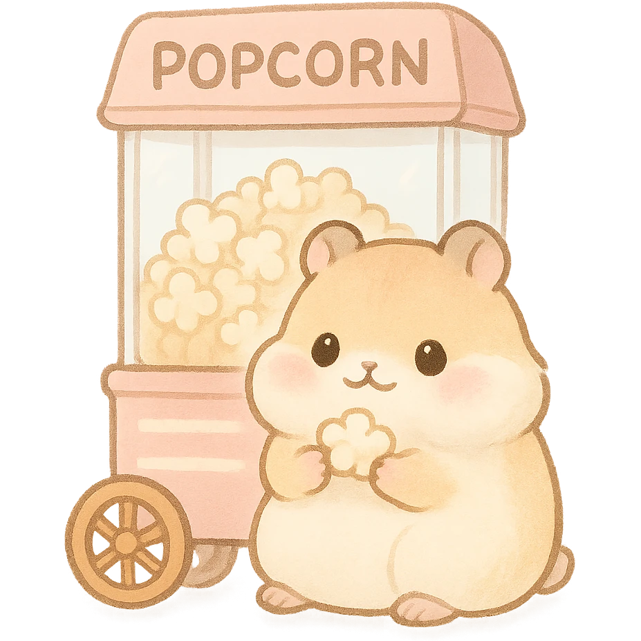 cute kawaii popcorn machine hamster, soft and fluffy, puffed cheeks, holding popcorn, soft pastel, full-body emoji