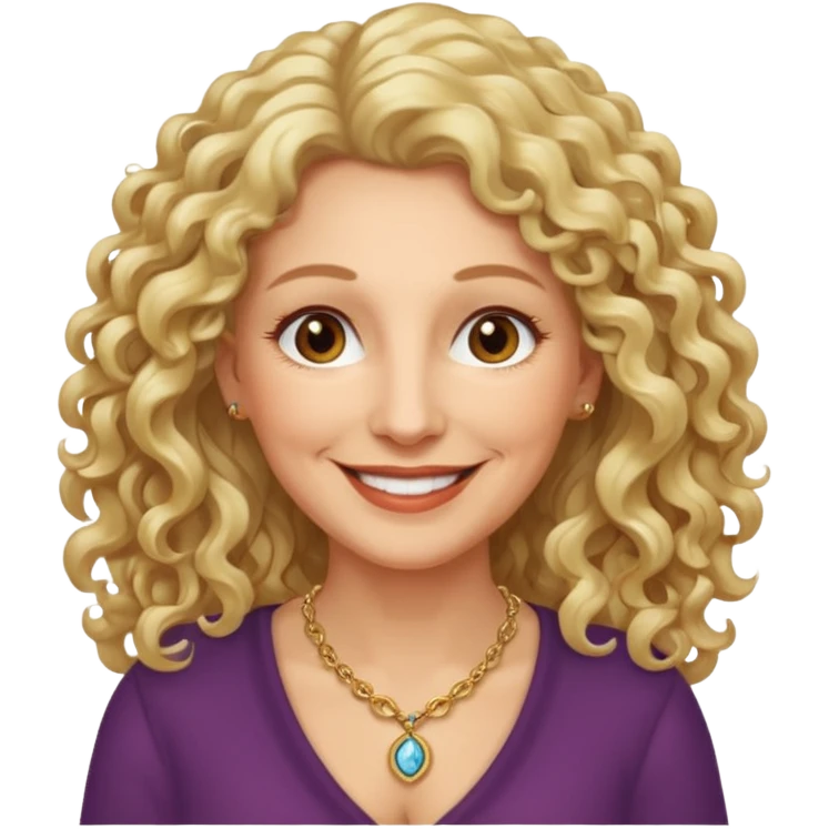 femme 60 ans cheveux blonds long très bouclés yeux marrons sourir emoji