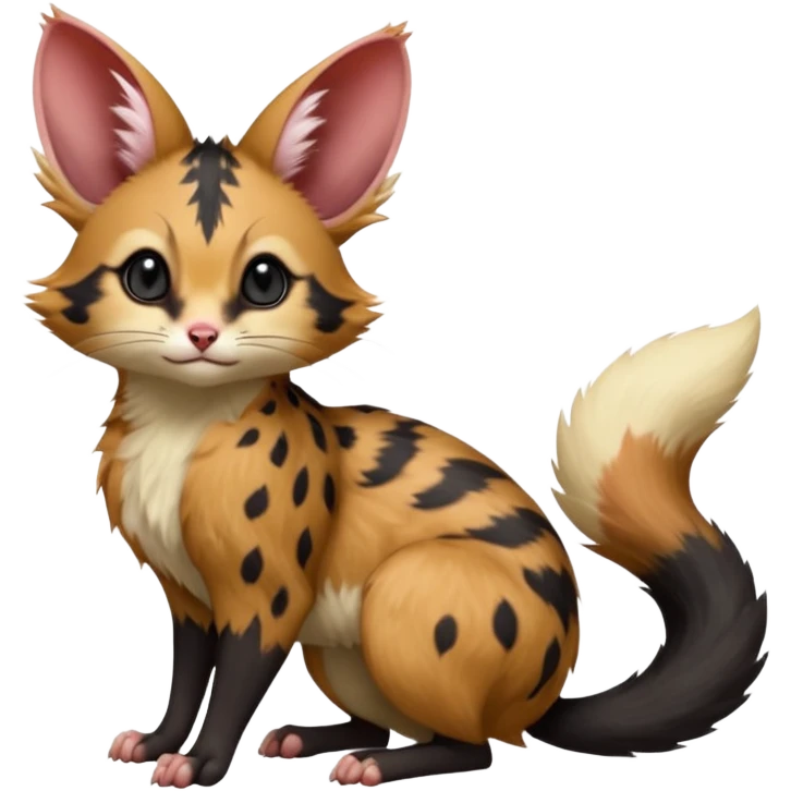 Red, black-pointed, soft realistic romantic vintage antique divine beautiful elegant pretty precious cute young youthful  Fakémon-Pokémon-opossum-feline-mouse-serval-caracal-chinchilla-Minccino-Cinccino-Meowstic-rodent-hybrid-creature with a big fluffy bushy tail (full body) emoji