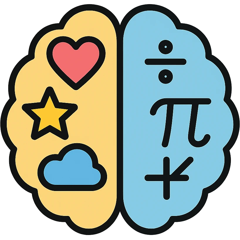 split brain, left side with creative icons, right side with math symbols emoji