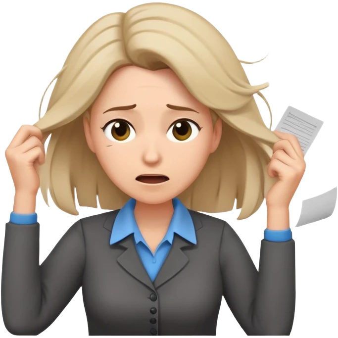 female teacher pulling her hair with stressed face, papers flying everywhere emoji