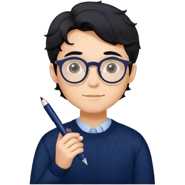 Dependable young professional man with round glasses, wavy black hair, navy blue sweater, assured posture, designer with pen emoji