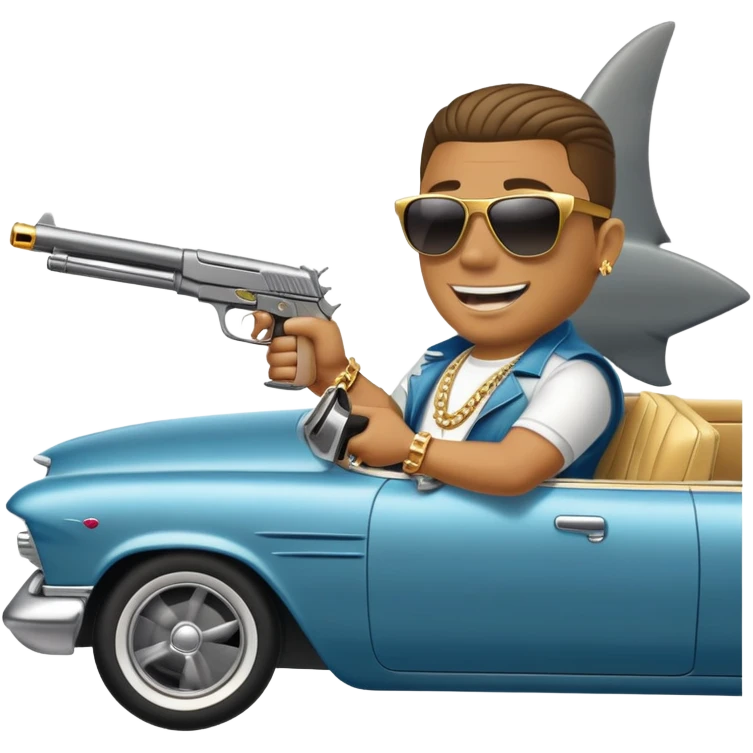 shark driving lowrider while holding a gun out the window and the shark has a gold chain emoji