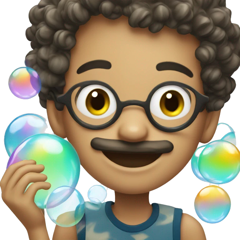 smiling boy with mustache coverd in soap bubbles  emoji
