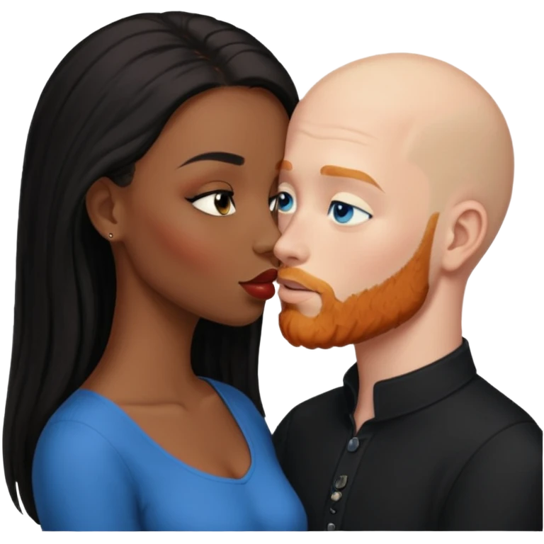 Bald white male with ginger beard and blue eyes kissing black brown woman with long black hair emoji