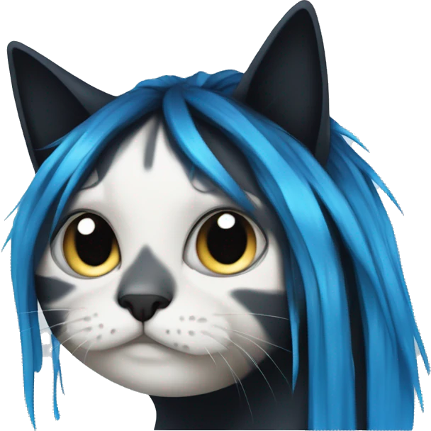 A cat with long black hair with blue hair strands and black tears dripping over the face emoji