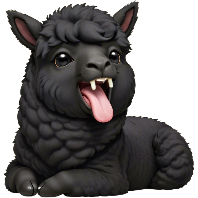 Cinematic Cute Yawning Black Alpaca Portrait Emoji, Head tilted slightly with a dramatic, wide-open yawn, showcasing a soft, plush jet-black fleece with gently drooping ears, round dark eyes barely open in drowsy contentment, Simplified yet irresistibly adorable features, highly detailed, glowing with a soft, cozy glow, high shine, relaxed yet expressive, stylized with a touch of whimsy, bright and endearing, soft glowing outline, capturing the essence of a sleepy yet affectionate alpaca, so drowsy it feels like it could stretch out of the screen and curl up for a nap! emoji