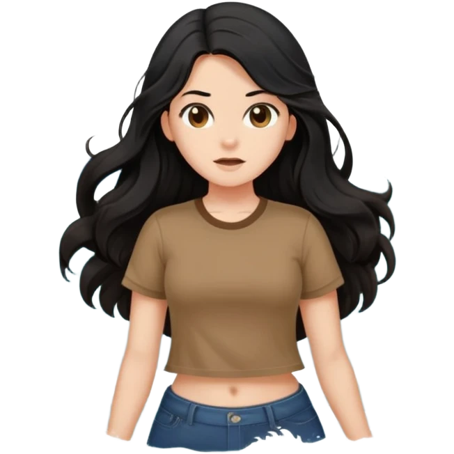 Fair skin girl - long black hair, big waves - wearing brown navel-baring short-sleeved shirt emoji