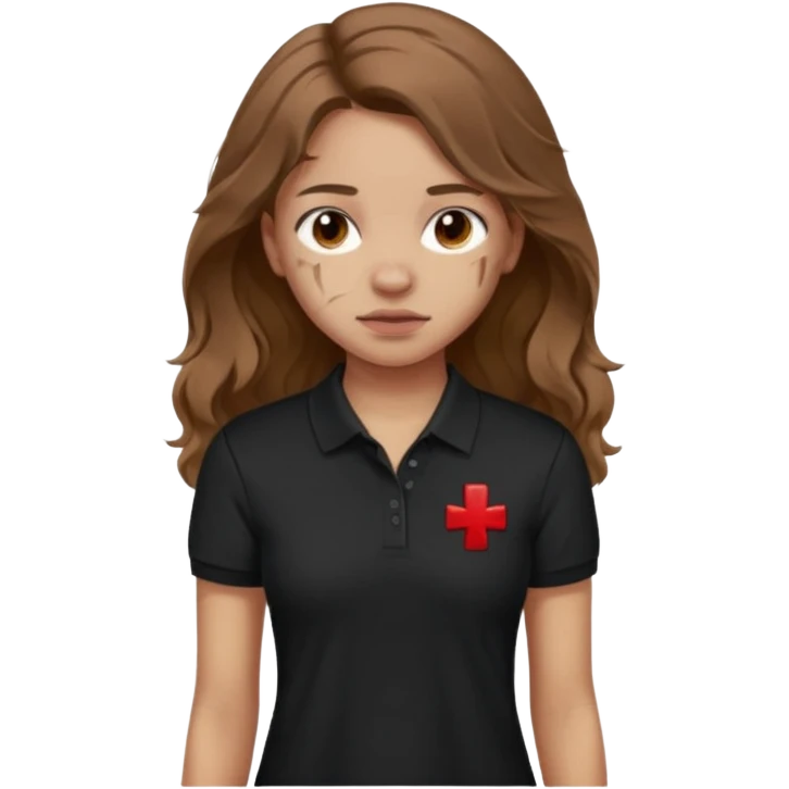 crie uma garota com ferimentos cabelo ondulado 2c longo castanho e blusa polo básica preta emoji