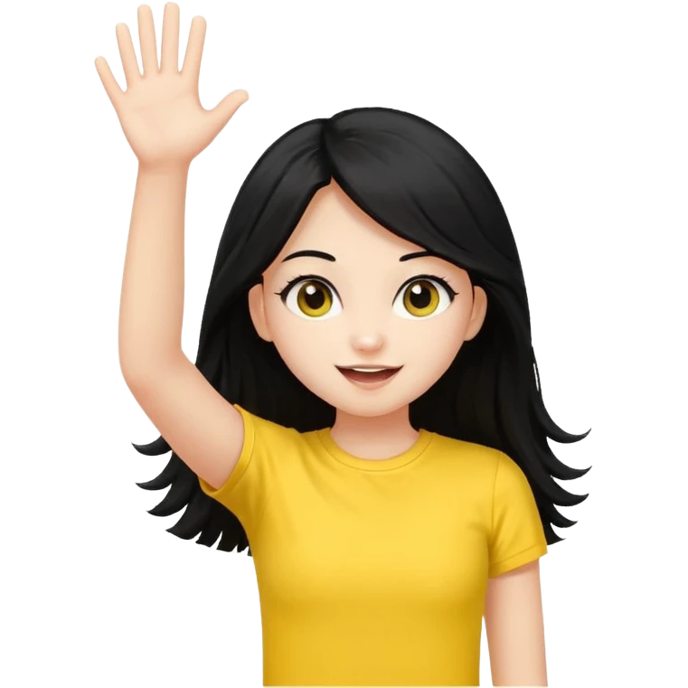 A long black hair teen girl waving pom-poms, eyes sparkling with excitement, yellow top emoji