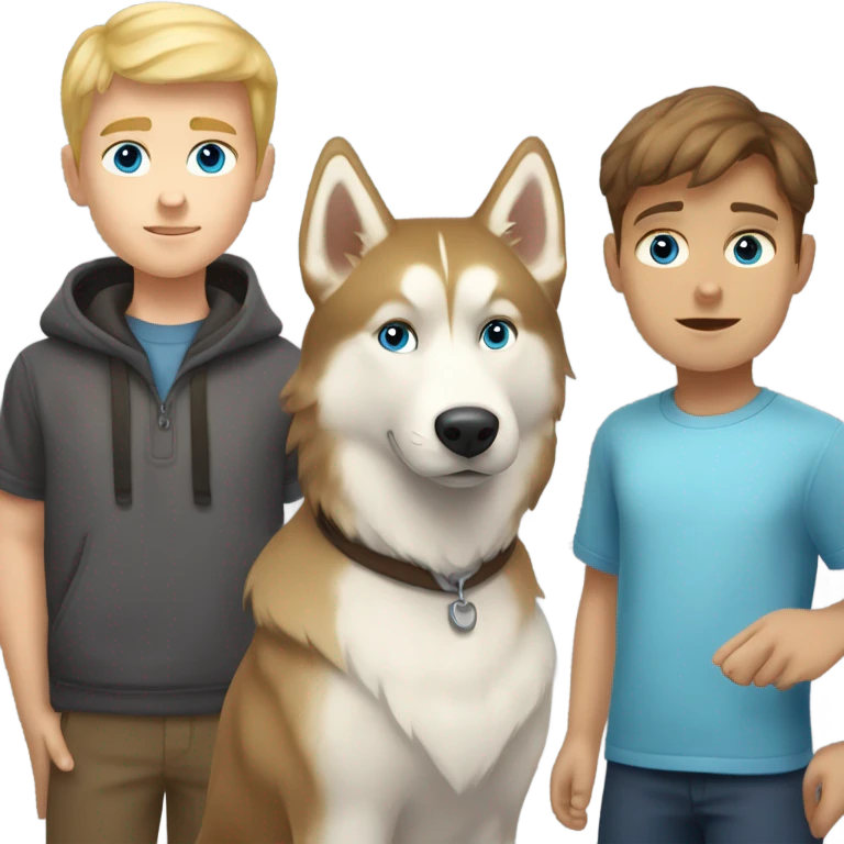 Brown hair boy, blond hair boy and a one golden Husky with blue eyes famille emoji