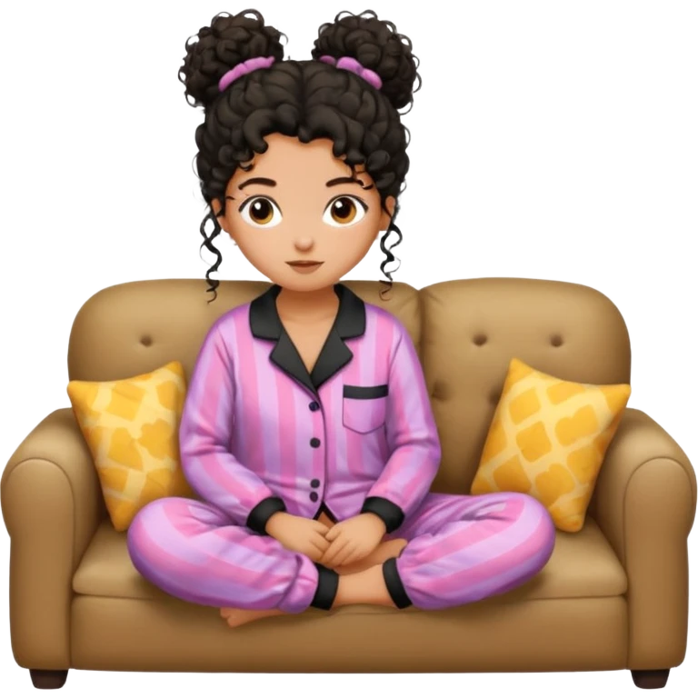 Tan girl, black curly messy hair in bun, on couch in pajamas emoji