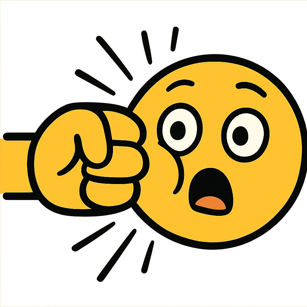 flat-toon style yellow emoji face being punched from the side by a yellow emoji fist, cheek squished, surprised face, comic impact lines, bold outlines, modern emoji look emoji