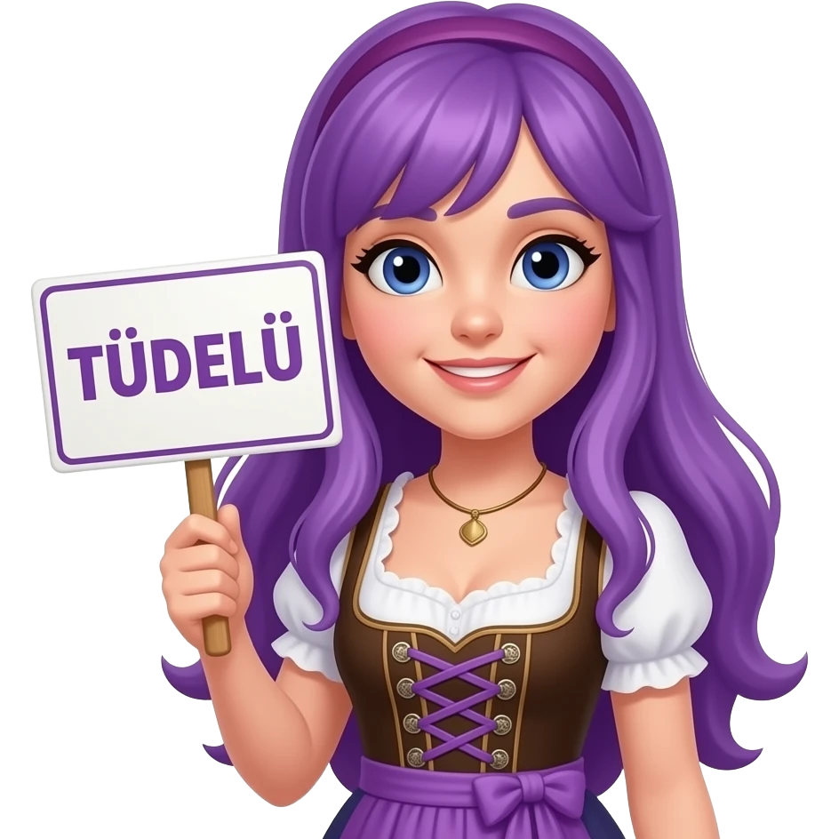girl with long purple hair wearing a dirndl holding a * TÜDELÜ * sign emoji