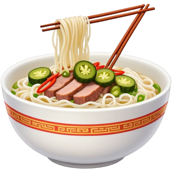 Guilin rice noodles with pickles and meat topping, simplified emoji style with bold outlines and bright colors, cartoon style rice noodle bowl emoji