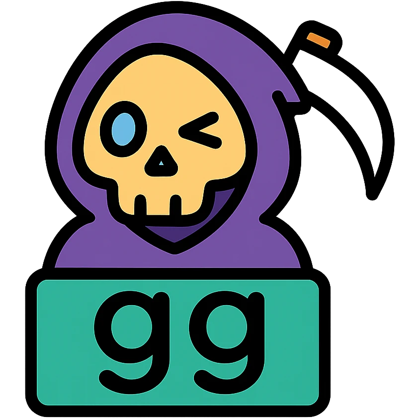 grim reaper head with 'gg' text, color outline icon style, playful expression emoji