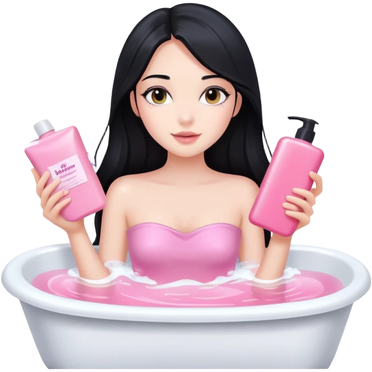 A beautiful girl with a  long black hair in Bathtub holding pink body products  emoji