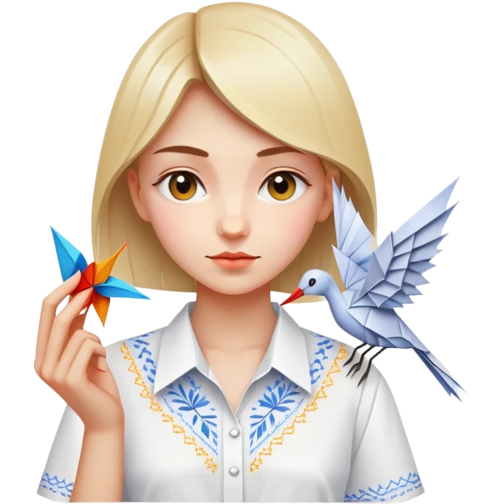 Ukrainian young girl in a white embroidered shirt holds an origami crane emoji