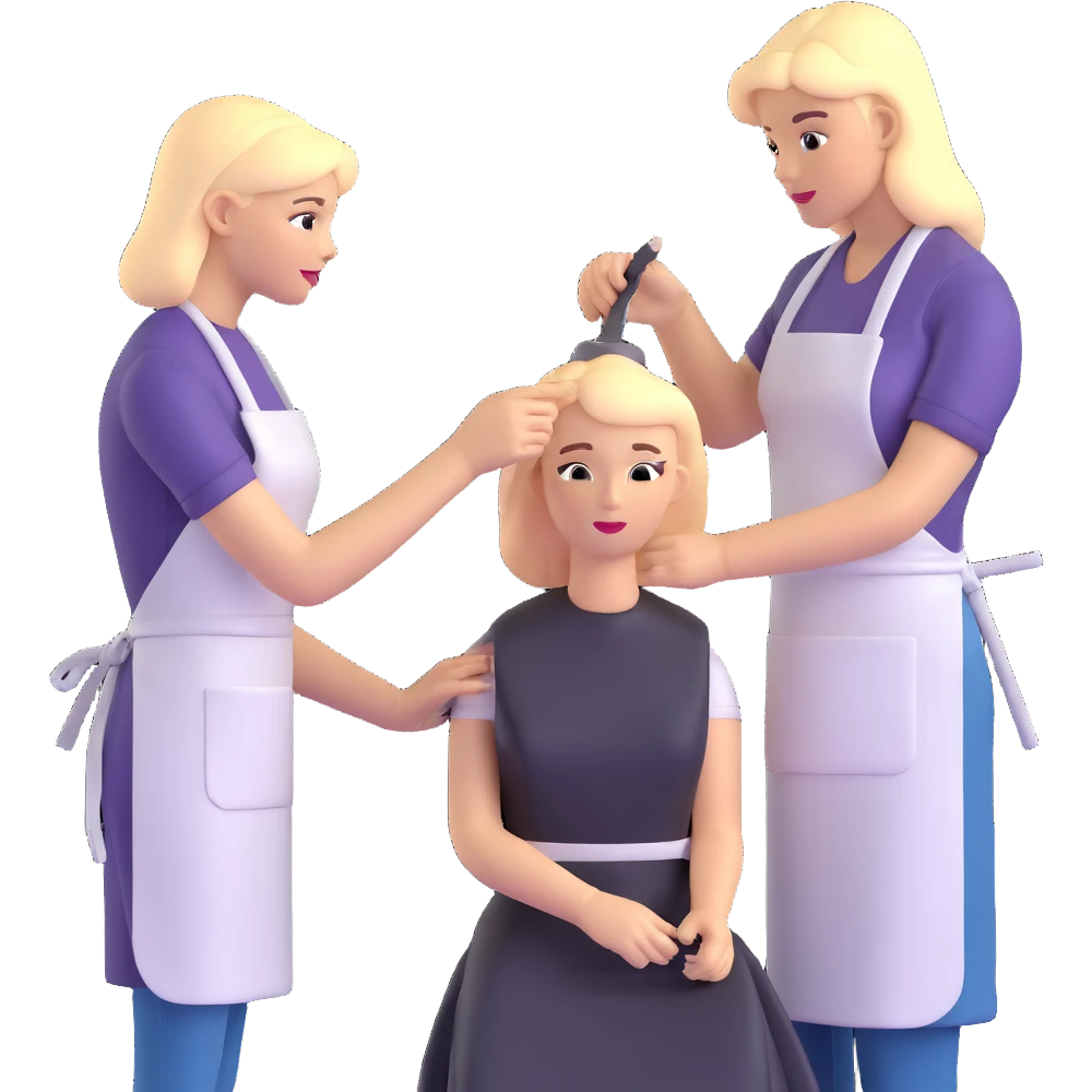 professional hairdresser in salon apron instructing student with mannequin emoji