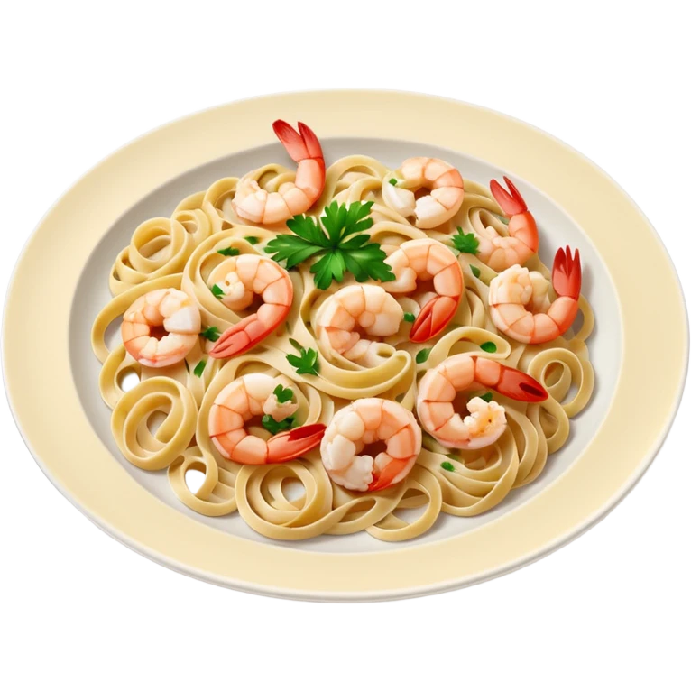 create a Whole Shrimp Linguini Camera angle: slightly elevated top-down view with a gentle bird’s-eye perspective (about 15–20°), identical perspective and scaled do not add anything on plate

 emoji