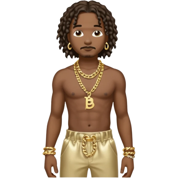 Bizzy Bone with dark brown hair, metallic cream baggy pants, shirtless with necklace emoji