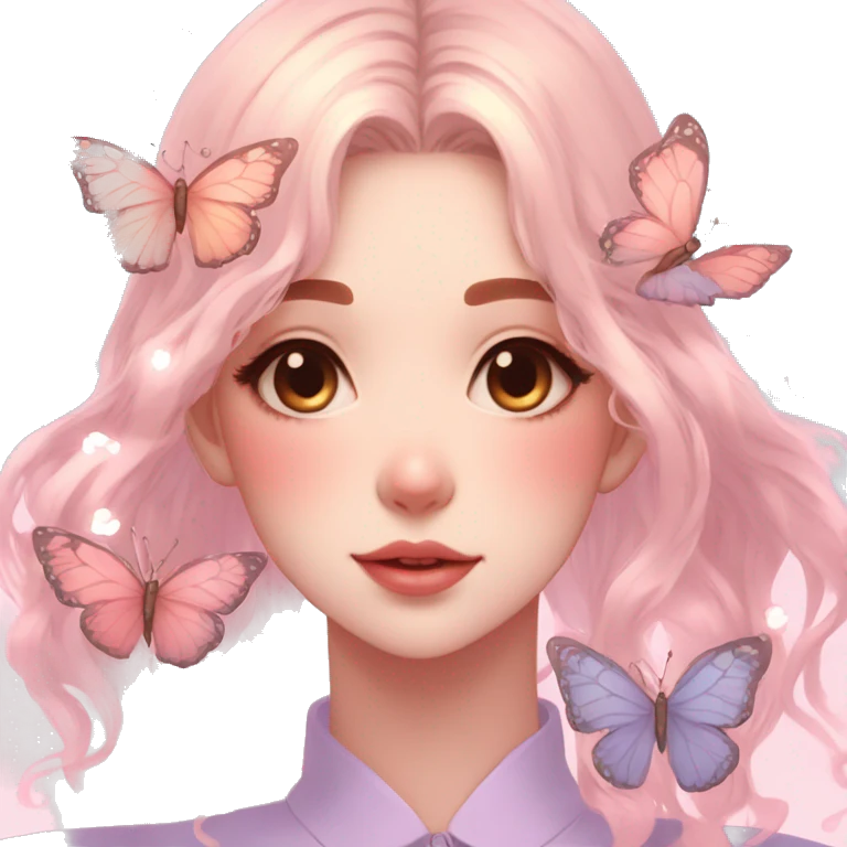 Gorgeous pastel anime style lady with blushing face and butterflies aesthetic trending style emoji