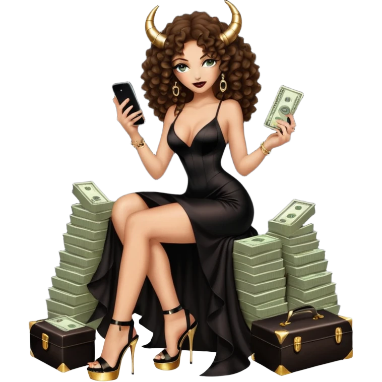 seductress evil brown curly haired sexy drug lord woman with clear glittery platform heels on her feet and devil black long silky sexy cutout dress, wearing black horns on her head, holding a stack of cash, has a phone in  other hand emoji
