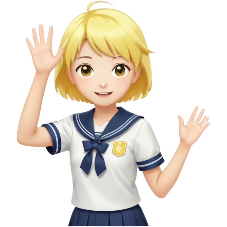Anime girl with short bright yellow hair wearing Japanese sailor style school uniform, composed posture with hand on hip but energetically waving with other hand, excited smile and happy eyes emoji