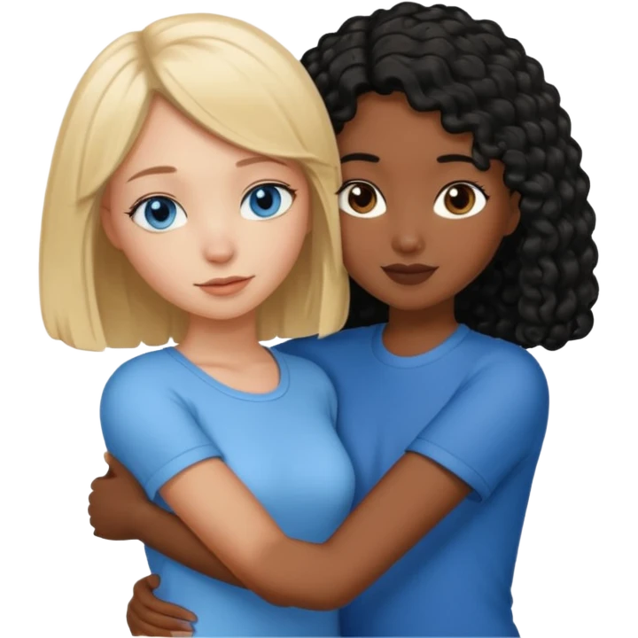 Girl best friends: one taller white girl with straight blond bob and blue eyesone shorter black girl with long black curly hair, hugging emoji