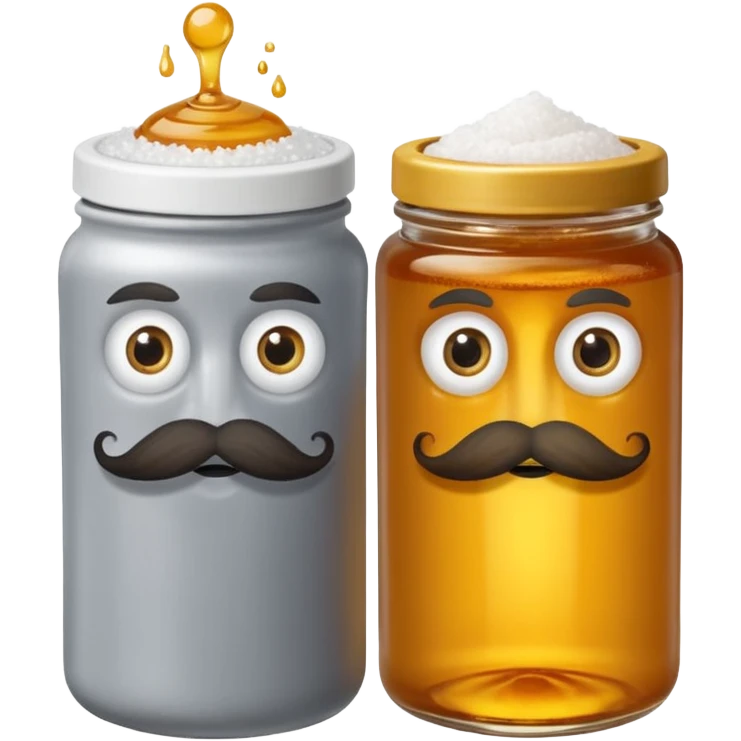 Garama and Madundung are together a gray container of salt and a honey container with a cloth on top. They each have eyes with white in the middle, a mouth, nose, and mustache both customary to their colors. They have hairy legs and emit an aura of salt (Garama), and honey (Madundung). emoji