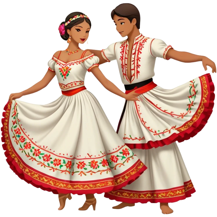 Cinematic Realistic scene of two dancers performing the Tarantella, dressed in vibrant, flowing traditional costumes with detailed embroidery and dynamic skirts, captured in festive motion with warm, lively lighting emoji