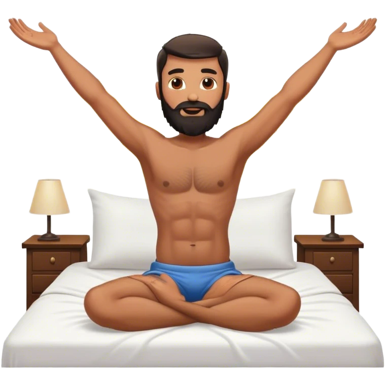 shirtless black beard white man waking up out of bed stretching arms with sunshine in the back emoji