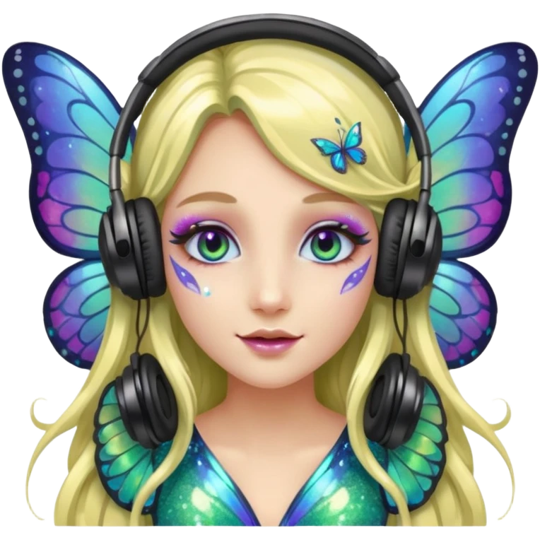 long haired make glitter makeup fairy wearing headpones wing butterfly wings  emoji