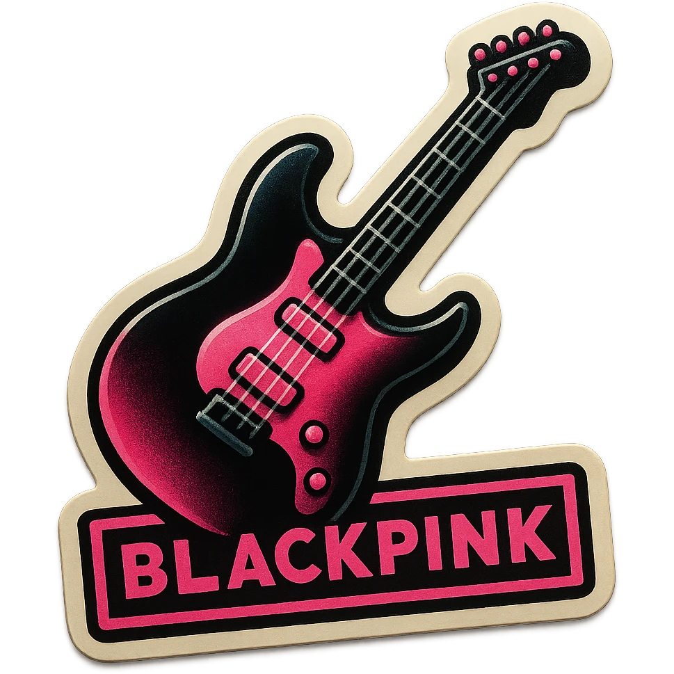 BLACKPINK-inspired retro sticker, black and pink electric guitar, bold and playful, vintage sticker style emoji