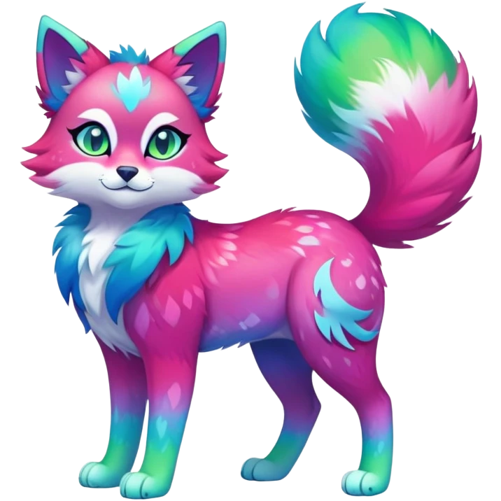 Vibrant multicolored neon-colored Falvie-Fionbri-creature-sparkle-feline-canine-hybrid-fursona, full body, fur pattern-markings emoji