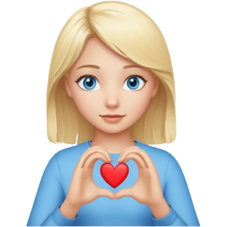 Blonde girl blue eyes making heart sign with hands emoji
