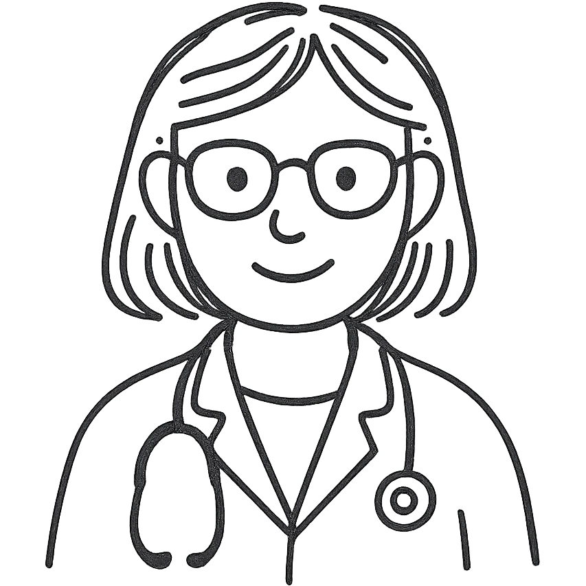 female doctor, modern medical attire, stethoscope, friendly expression, hand drawn outline icon style emoji