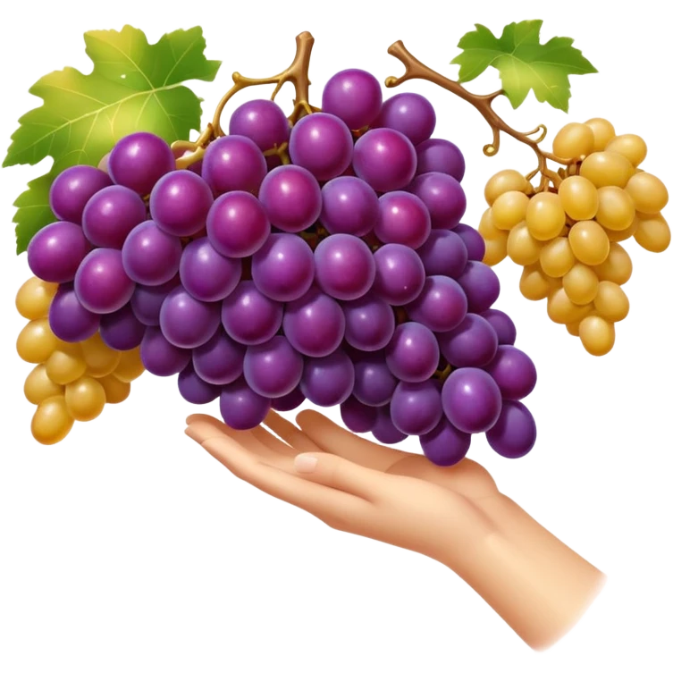 a single hand delicately holding a shiny purple grape, vineyard background, golden sunlight, luxury emoji style, minimal shading emoji