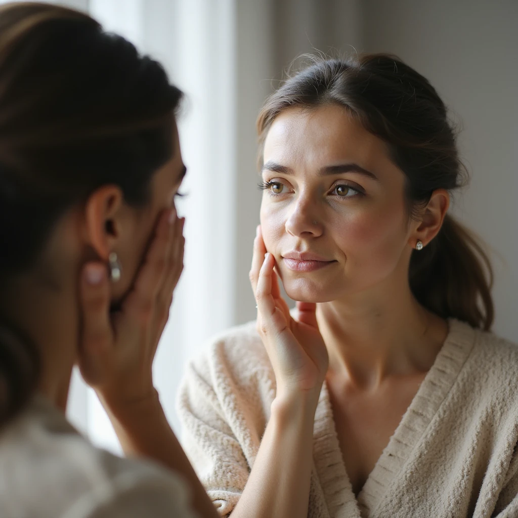 adult woman looking at herself in the mirror and touching her face, expression of self-compassion, realistic style, natural details, bright environment emoji