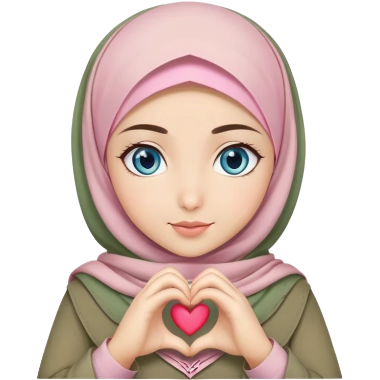 Turkish beautiful finish Konya girl blue eyes with khaki green and light pink hijab islamic dress and making heart with hands emoji