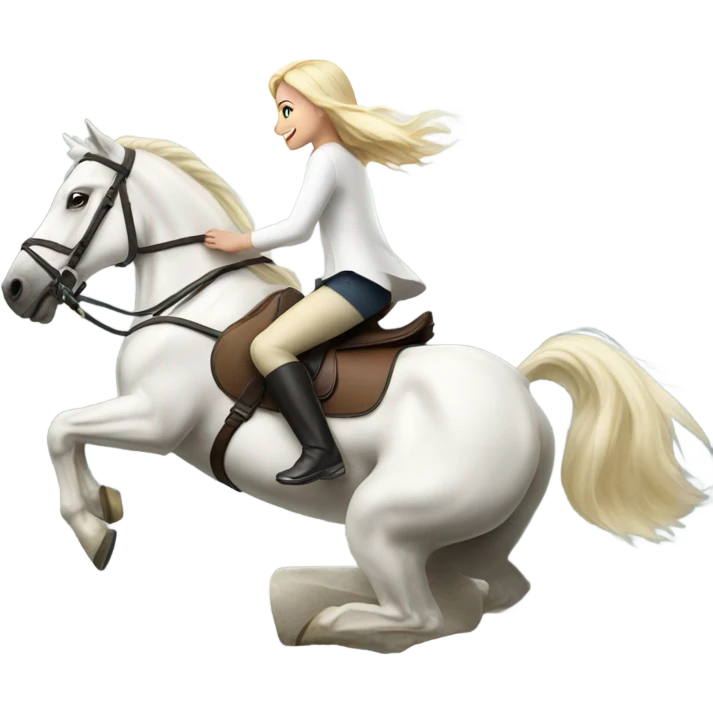 Blonde girl riding a white horse jumping over a jump emoji