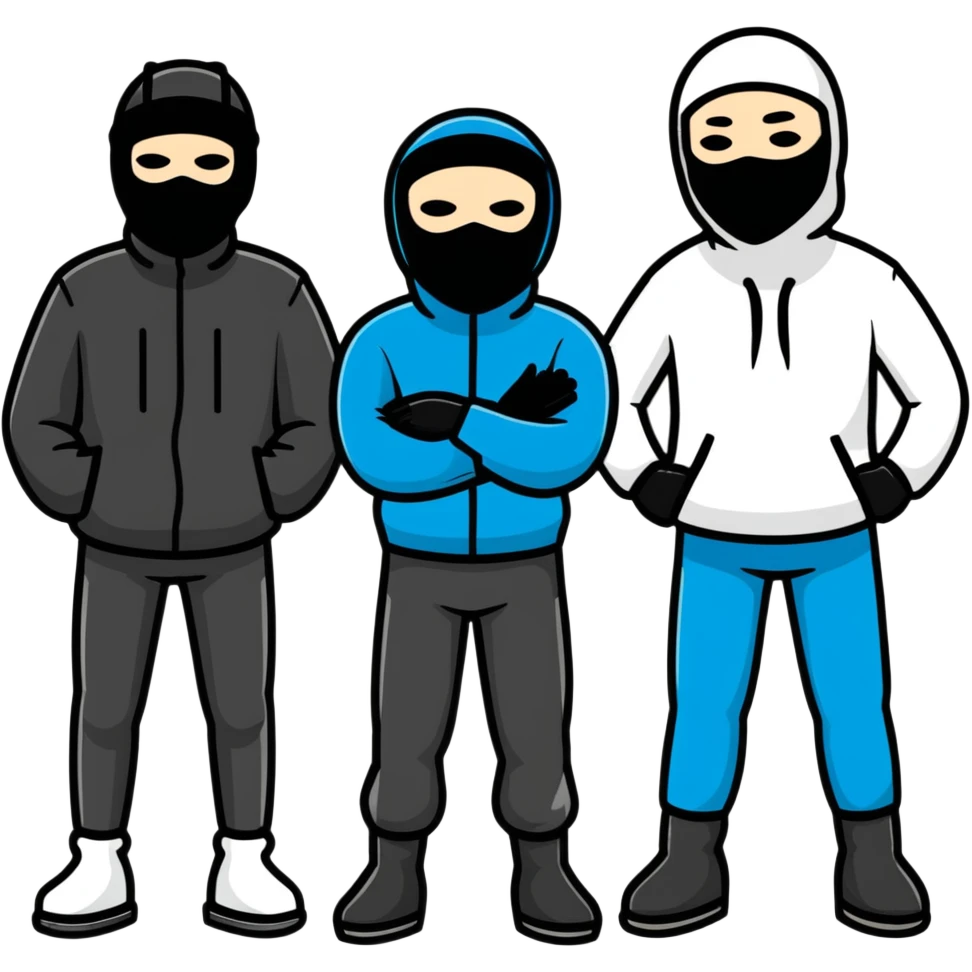 group of men posing together, some wearing black ski masks emoji